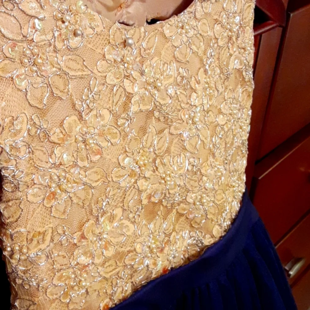 Flower Girl Dress, Handmade Custom Made, Navy Gold Pearl & Sequin Embellishments - Picture 2 of 15